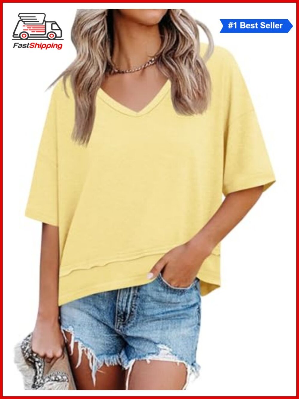 Womens V Neck Short Sleeve T Shirt Loose Fit Casual Summer Top